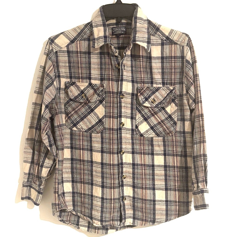 Canyon Creek Size L Beige and Navy Plaid Button Down Farmhouse Western Shirt